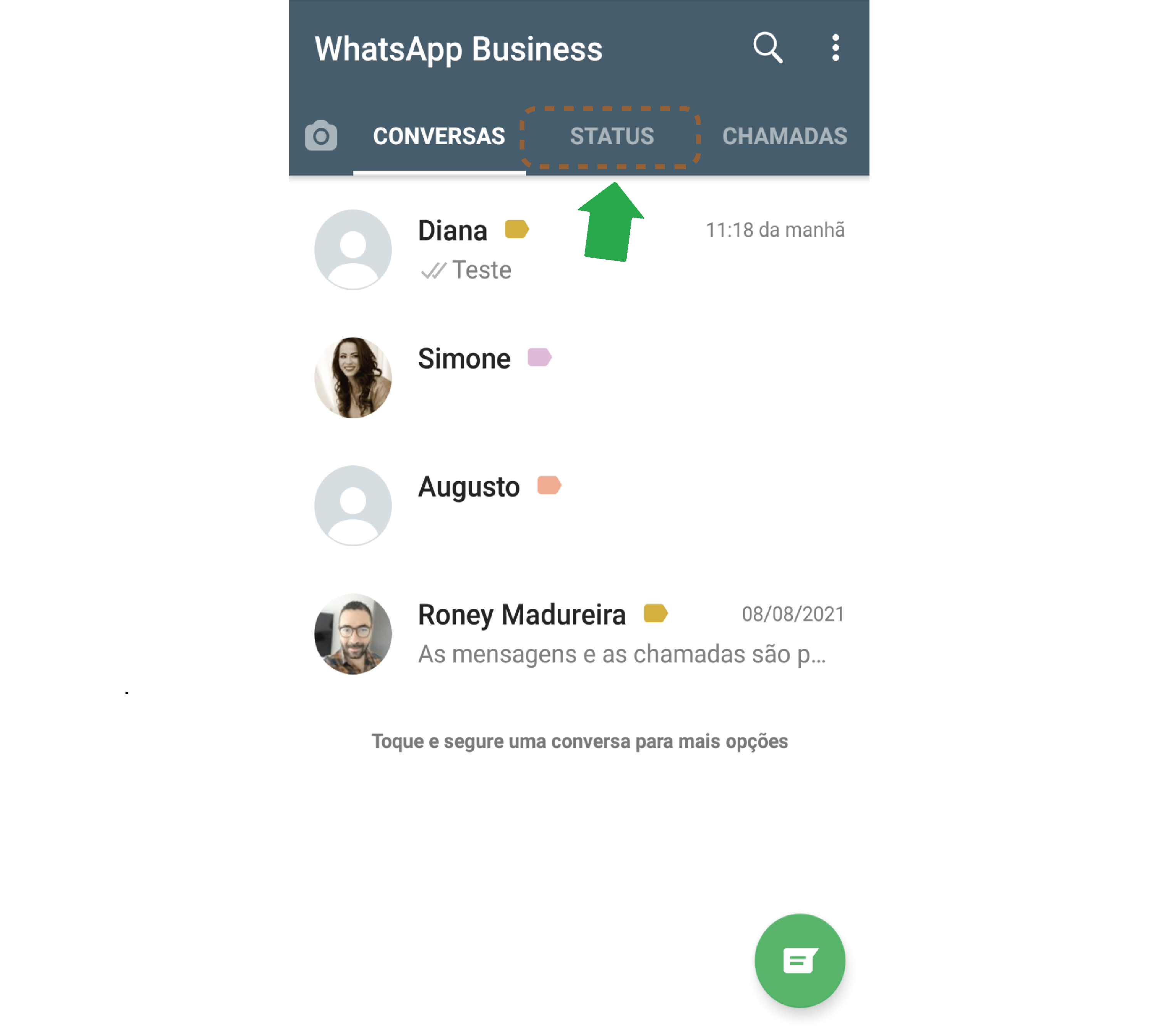 A opção Status está logo na primeira página do WhatsApp Business.